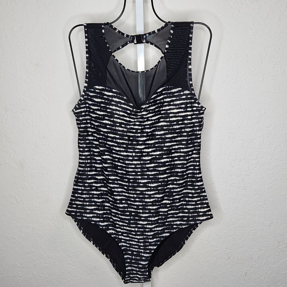 Nip Tuck Swim Black White Stripe Mesh‎ Insert One Piece Swimsuit Size 12